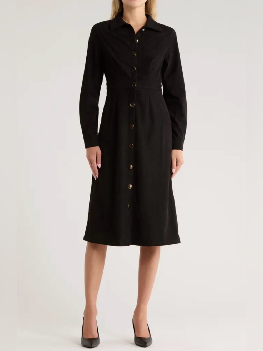 Classic Black Button-Front Midi Dress